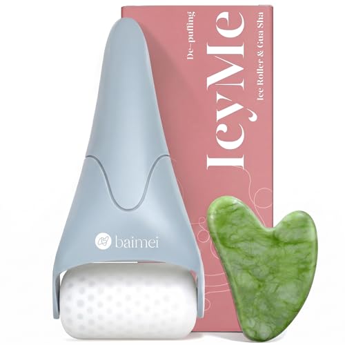 BAIMEI IcyMe Ice Roller for Face and Gua Sha Facial Tool Set, Ice Face Roller Reduces Puffiness Relieves Migraines Skin Care Tools, Self Care for Women - Pink