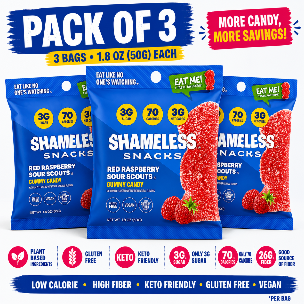 Shameless Snacks Sour Raspberry Gummies, 1.8 oz, Pack of 6