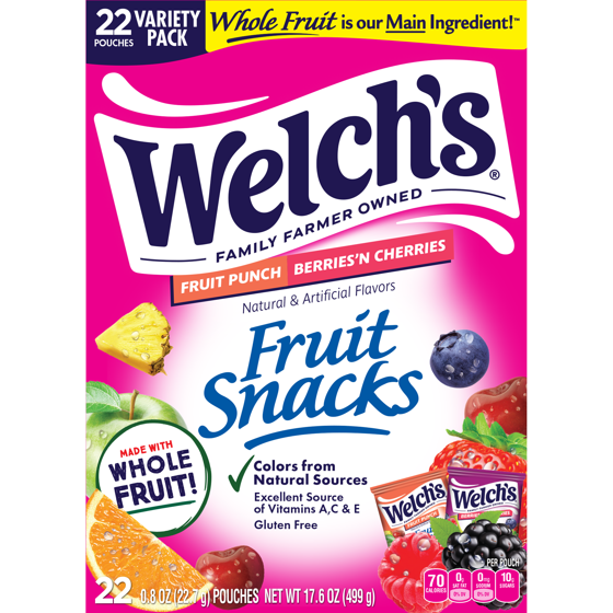 Welch's Fruit Snacks Gluten-Free Fruit Punch & Berries 'N Cherries Kids Snacks, Soft Snacks, .8 oz, 22 Count