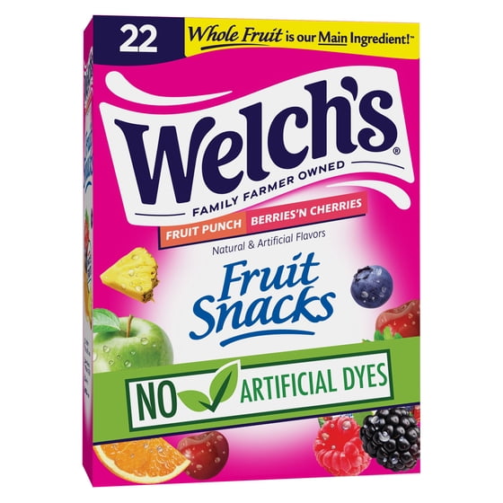 Welch's Fruit Snacks Gluten-Free Fruit Punch & Berries 'N Cherries Kids Snacks, Soft Snacks, .8 oz, 22 Count