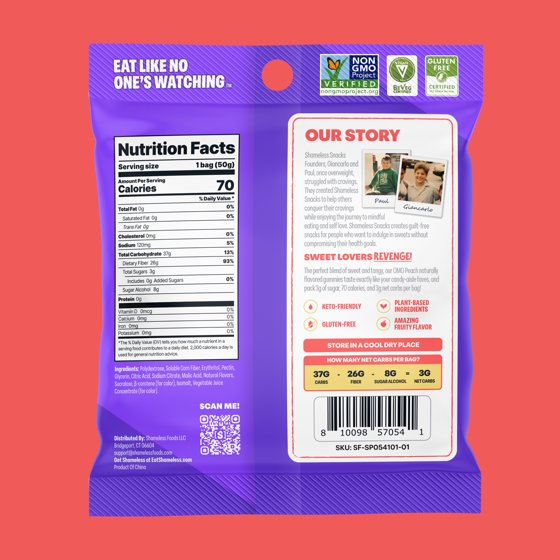 Shameless Snacks Low Calorie Keto Gummies, OMG Peach, 6 Pack