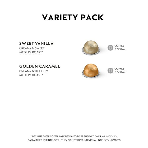 Nespresso Capsules Vertuo, Medium Roast Coffee, Variety Pack, Sweet Vanilla, Golden Caramel, 40- Count Coffee & Espresso Pods, Brews 7.77 oz
