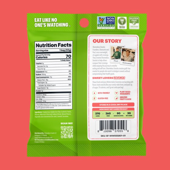 Shameless Snacks Watermelon Sour Gummy Candy, Low Calorie Keto Friendly High Fiber Low Sugar Healthy Candy, Gluten Free, 1.8 oz Bag