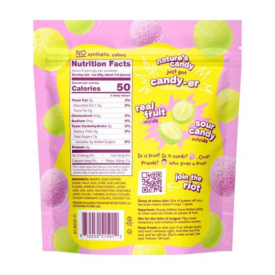 Fruit Riot Sour Candy Mixed Grapes, Real Frozen Fruit, 8 ounce