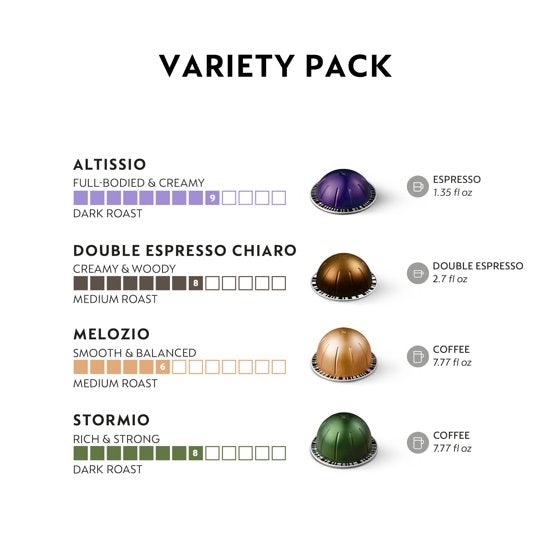 Nespresso Vertuo Capsules, Medium and Dark Roast Variety Pack, Melozio, Stormio, Altissio and Double Espresso Chiaro, 40-Count Coffee Pods, Brews 7.8 fl oz, 2.7 fl oz, and 1.35 fl oz