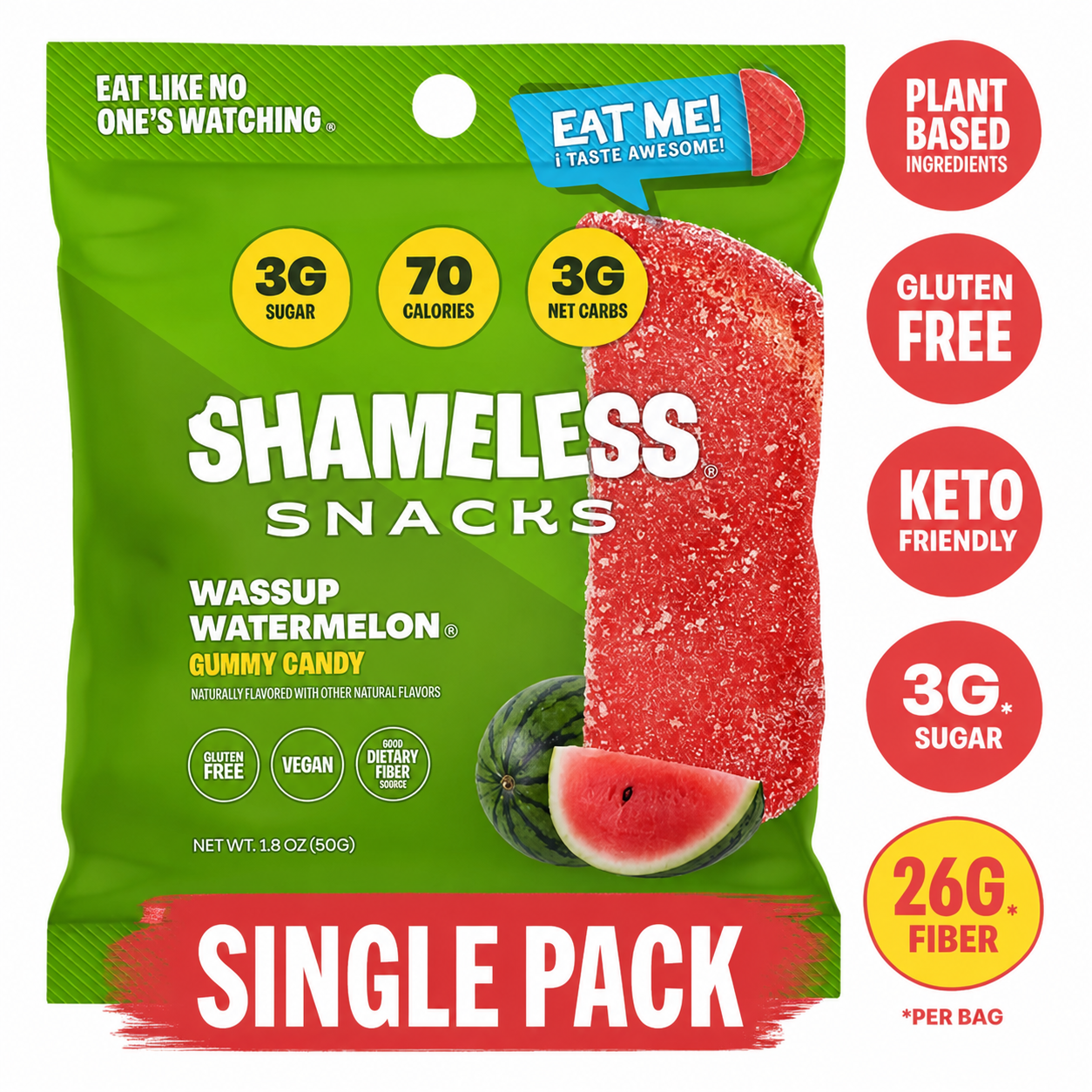 Shameless Snacks Watermelon Sour Gummy Candy, Low Calorie Keto Friendly High Fiber Low Sugar Healthy Candy, Gluten Free, 1.8 oz Bag