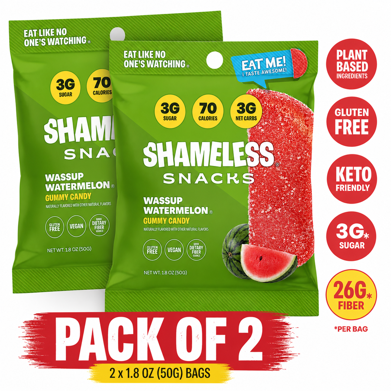 Shameless Snacks Watermelon Sour Gummy Candy, Low Calorie Keto Friendly High Fiber Low Sugar Healthy Candy, Gluten Free, 1.8 oz Bag