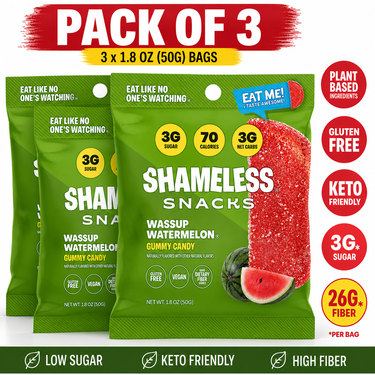 Shameless Snacks Watermelon Sour Gummy Candy, Low Calorie Keto Friendly High Fiber Low Sugar Healthy Candy, Gluten Free, 1.8 oz Bag
