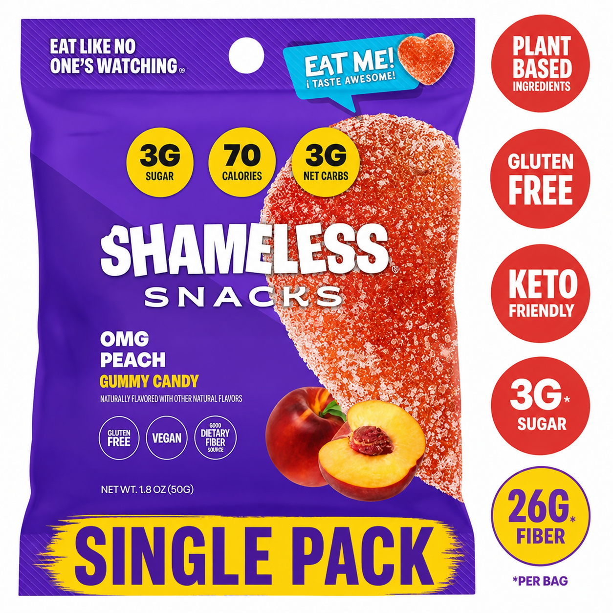 Shameless Snacks Low Calorie Keto Gummies, OMG Peach, 6 Pack