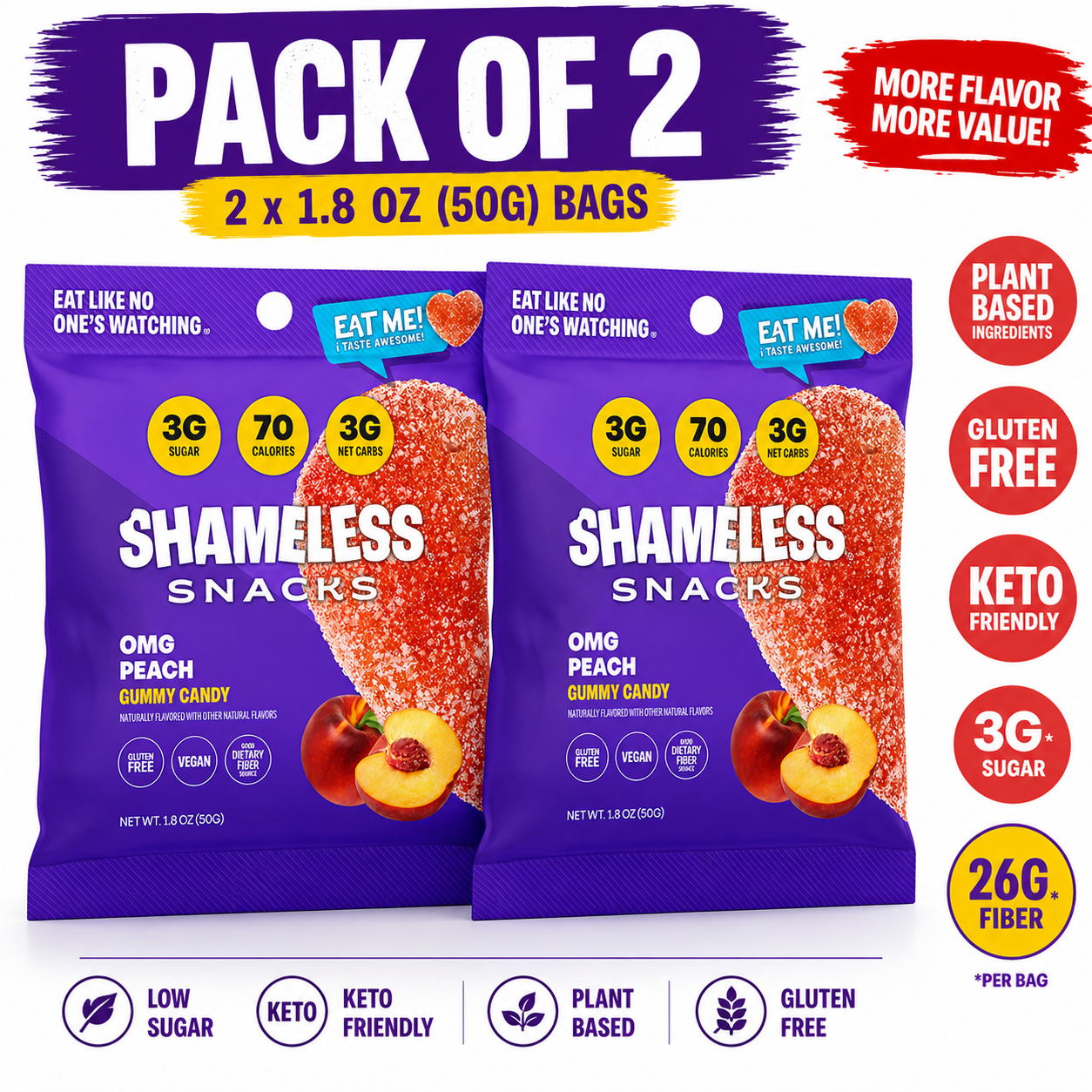 Shameless Snacks Low Calorie Keto Gummies, OMG Peach, 6 Pack