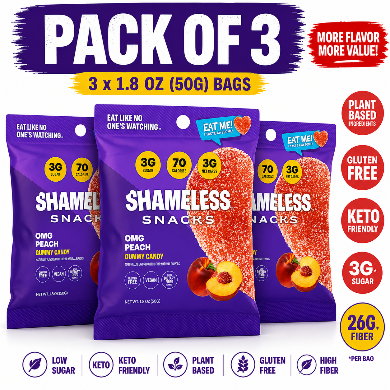 Shameless Snacks Low Calorie Keto Gummies, OMG Peach, 6 Pack