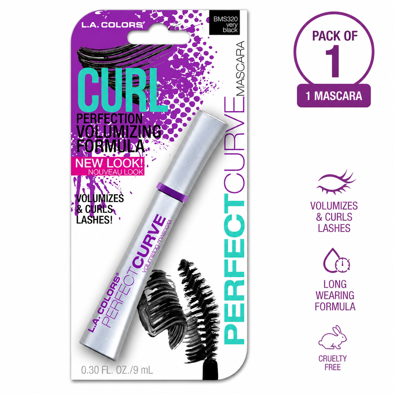 L.A. COLORS Perfect Curl Volumizing Mascara – Long Wearing Ultra Lifting Black Mascara for Fuller Curled Lashes, 0.30 fl oz