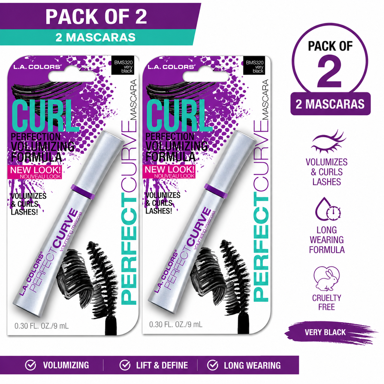 L.A. COLORS Perfect Curl Volumizing Mascara – Long Wearing Ultra Lifting Black Mascara for Fuller Curled Lashes, 0.30 fl oz