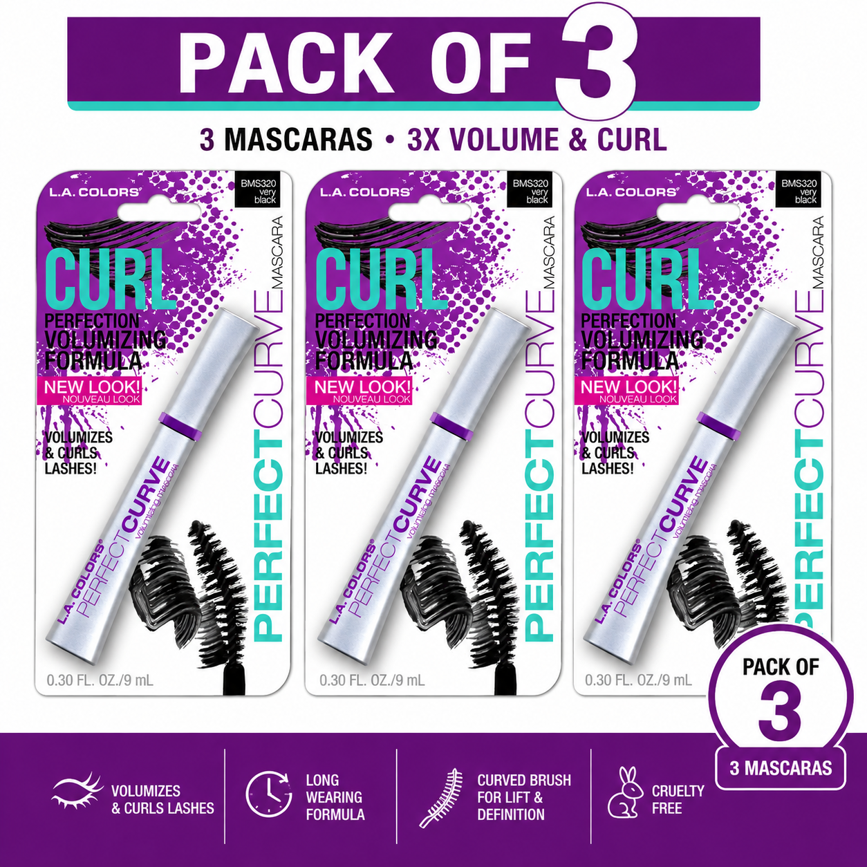 L.A. COLORS Perfect Curl Volumizing Mascara – Long Wearing Ultra Lifting Black Mascara for Fuller Curled Lashes, 0.30 fl oz