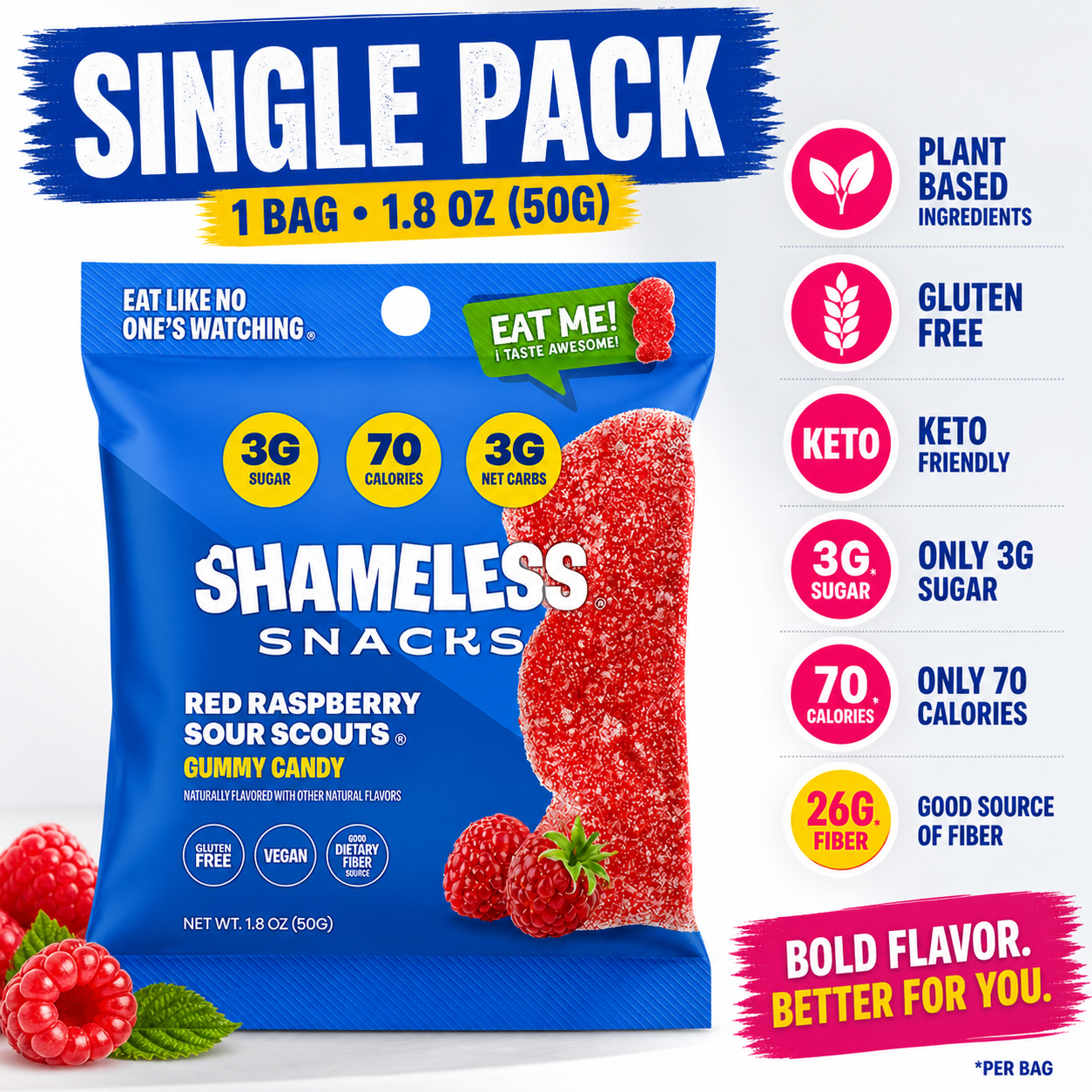 Shameless Snacks Sour Raspberry Gummies, 1.8 oz, Pack of 6