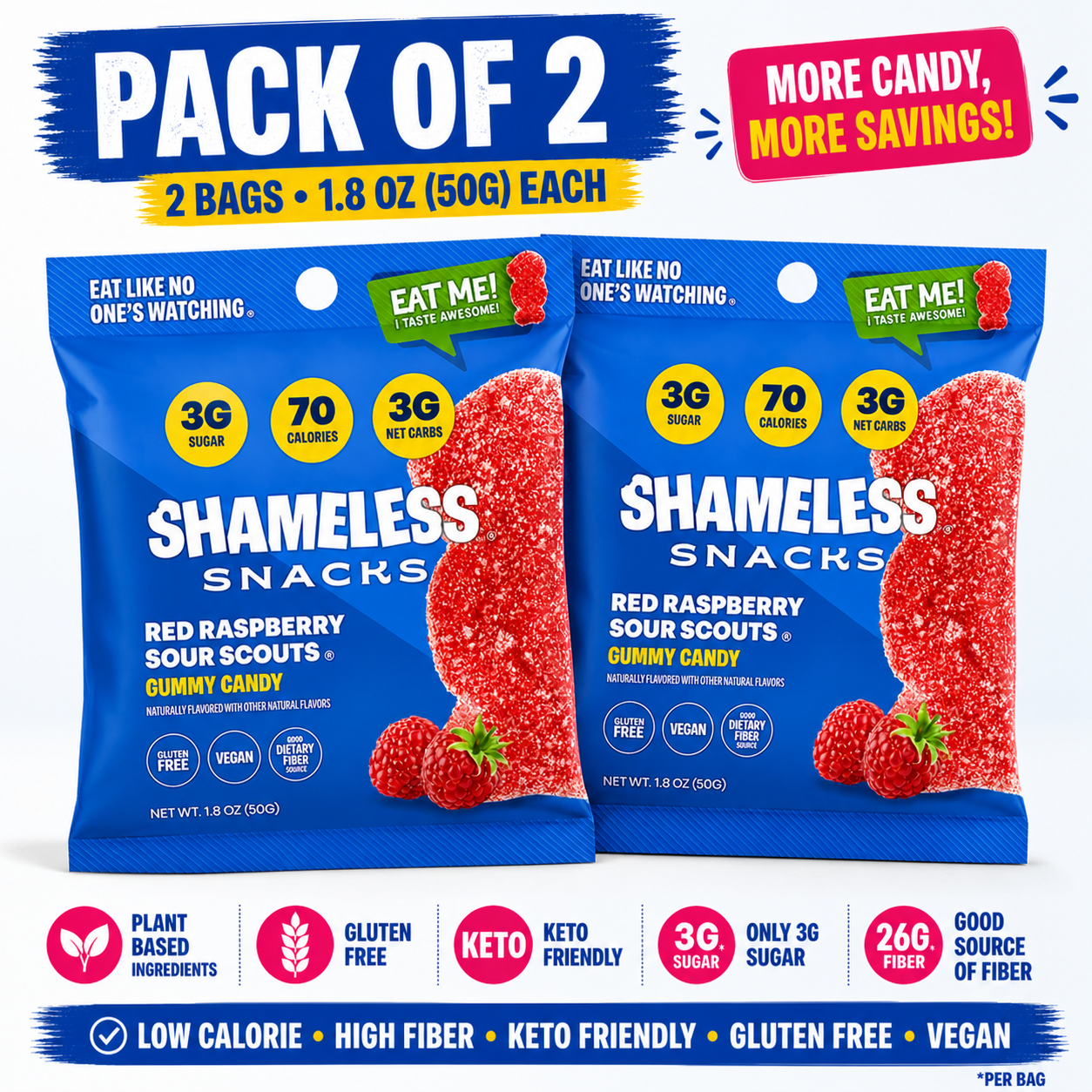 Shameless Snacks Sour Raspberry Gummies, 1.8 oz, Pack of 6