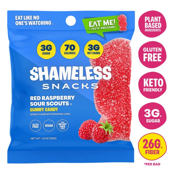 Shameless Snacks Sour Raspberry Gummies, 1.8 oz, Pack of 6