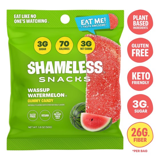 Shameless Snacks Watermelon Sour Gummy Candy, Low Calorie Keto Friendly High Fiber Low Sugar Healthy Candy, Gluten Free, 1.8 oz Bag