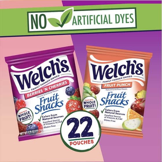 Welch's Fruit Snacks Gluten-Free Fruit Punch & Berries 'N Cherries Kids Snacks, Soft Snacks, .8 oz, 22 Count