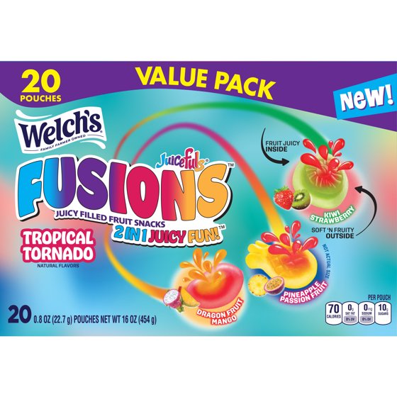 Welch's Fusions, Tropical Tornado, Soft Fruit Snacks, Gluten-Free, .8 oz, 20 Count