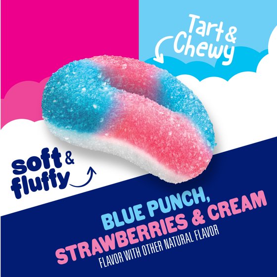 SweeTARTS Gummy Halos, Candy, Blue Punch and Strawberries and Cream, Tart and Chewy, Soft and Fluffy, 3.5 oz
