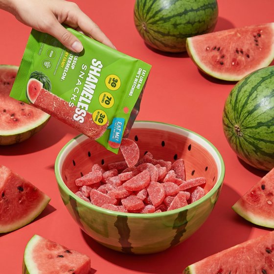 Shameless Snacks Watermelon Sour Gummy Candy, Low Calorie Keto Friendly High Fiber Low Sugar Healthy Candy, Gluten Free, 1.8 oz Bag