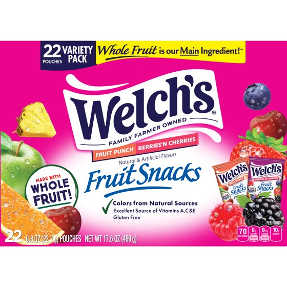 Welch's Fruit Snacks Gluten-Free Fruit Punch & Berries 'N Cherries Kids Snacks, Soft Snacks, .8 oz, 22 Count