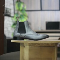 Handmade Men's Ankle High Grey Leather Chelsea Wing Tip Boot