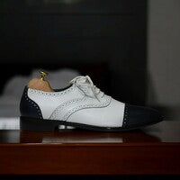 Handmade Black & White Leather Cap Toe Oxford Shoes For Men's