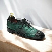 Handmade Men's Sea Green Whole Cut Alligator Texture Oxford Shoes
