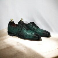 Handmade Men's Sea Green Whole Cut Alligator Texture Oxford Shoes