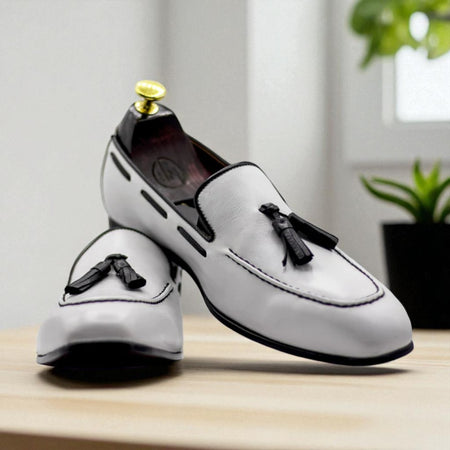 Handmade White Leather Penny Loafer Shoes For Men's