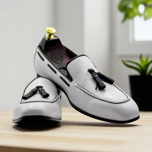 Handmade White Leather Penny Loafer Shoes For Men's