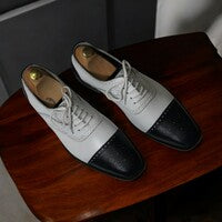 Handmade Black & White Leather Cap Toe Oxford Shoes For Men's