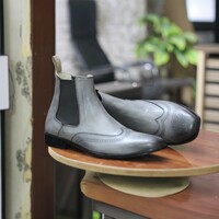 Handmade Men's Ankle High Grey Leather Chelsea Wing Tip Boot