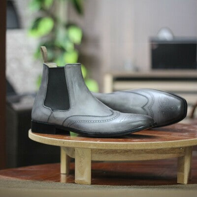 Handmade Men's Ankle High Grey Leather Chelsea Wing Tip Boot