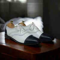 Handmade Black & White Leather Cap Toe Oxford Shoes For Men's