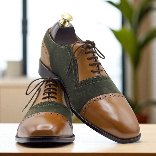 Men's Handmade Two Tone Cap Toe Leather Suede Lace Up Shoes